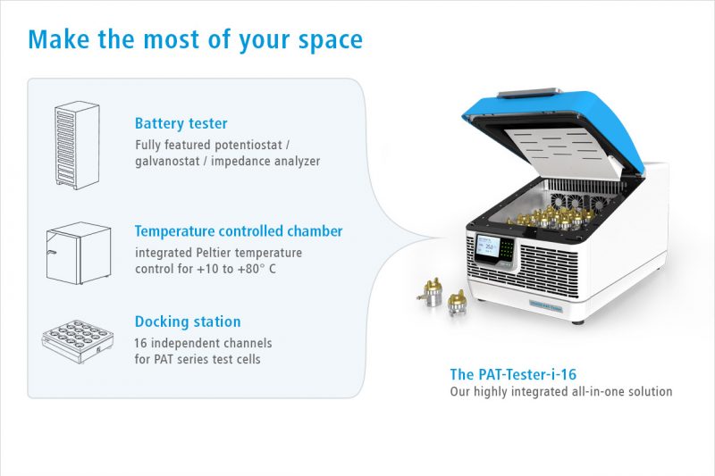 The PAT-Tester-i-16 combines a 16-channnel potentiostat and a temperature chamber into one single instrument.