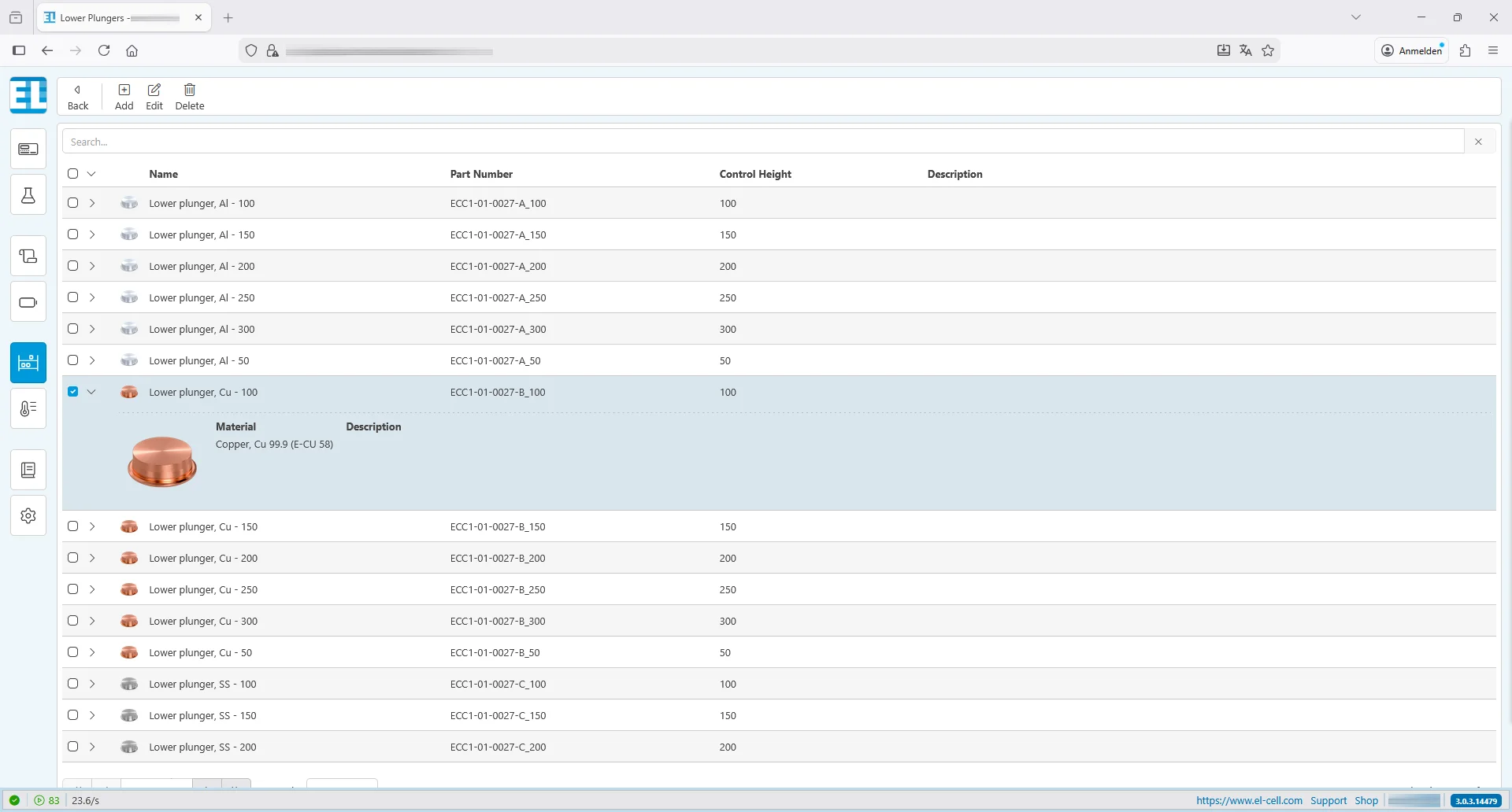 EL-Software view of a components list