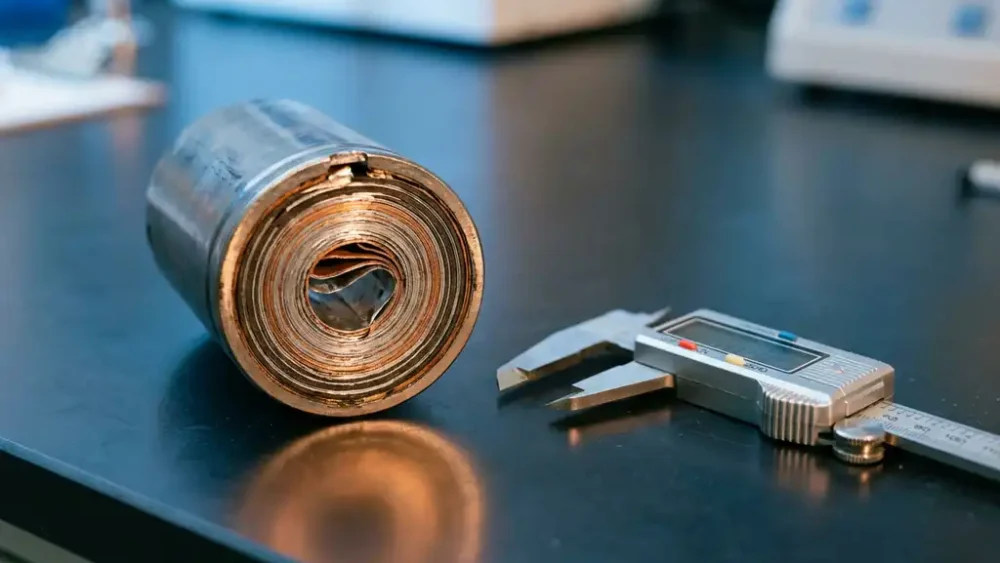 Cross-section of a cylindrical lithium battery cell exposing layered electrode windings, with a precision caliper on a dark lab bench.
