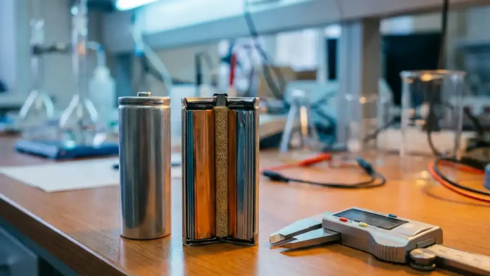 Cylindrical battery cells on a lab bench, one sectioned open revealing layered electrodes, with precision calipers alongside.