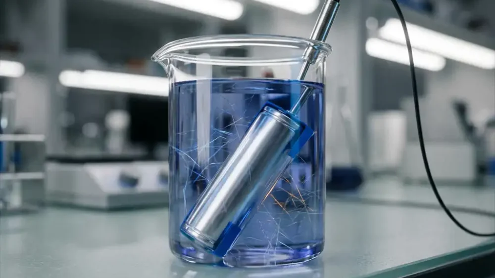 Cylindrical battery cell submerged in liquid electrolyte inside a glass beaker with a conductivity probe measuring ion activity.
