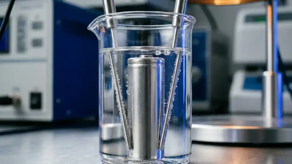 Cylindrical battery cell submerged in clear electrolyte solution in a glass beaker, stainless steel electrode probes making contact, fine bubbles rising.