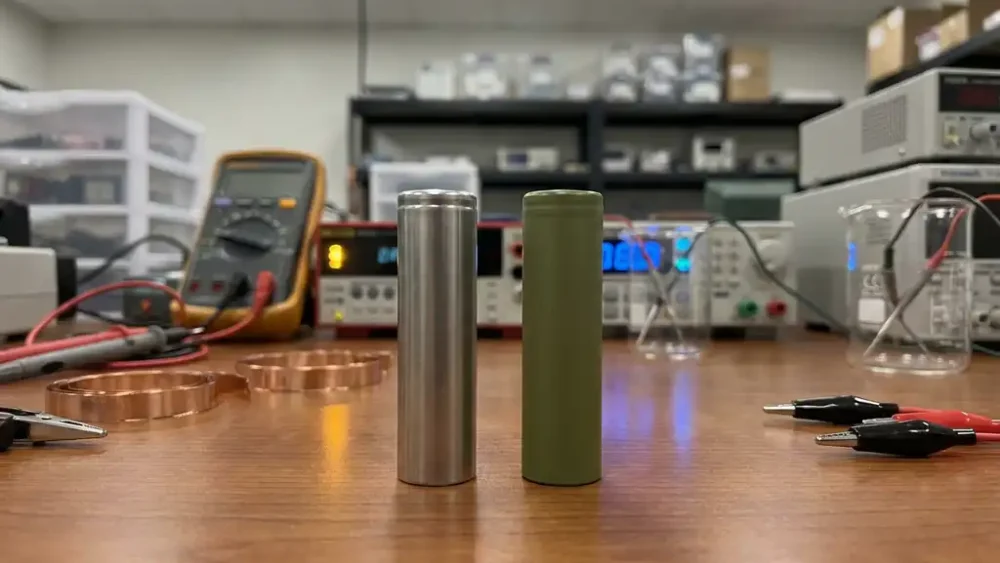 Two cylindrical battery cells, one silver and one olive-green, beside copper electrode foil and electrochemical test equipment on a polished lab bench.