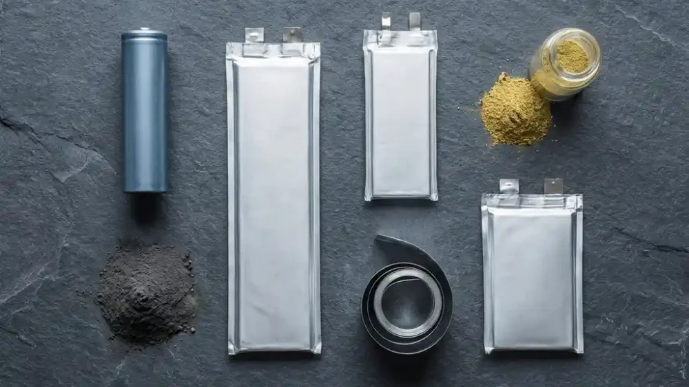 Four cylindrical and pouch battery cells on slate surface beside electrode materials including graphite, lithium metal foil, and cathode powder in open vial.