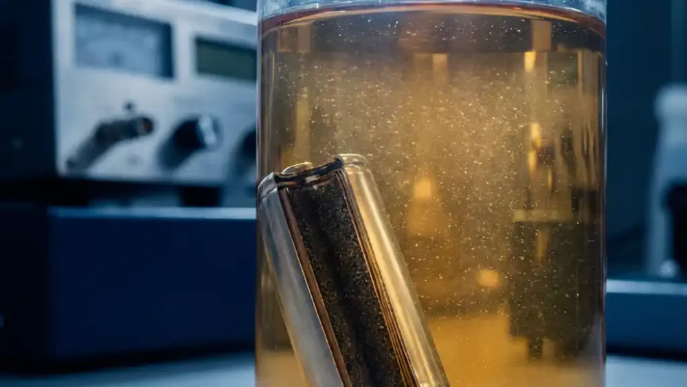 Cylindrical battery electrode cross-section submerged in amber electrolyte fluid inside a glass lab vessel, with suspended particles suggesting ion movement.