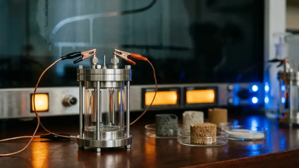 Electrochemical test cell with copper measurement leads on a laboratory bench, electrode samples and impedance spectrum visible nearby.