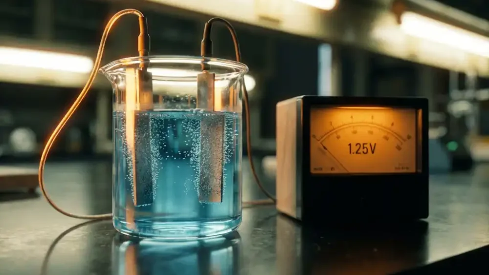 Electrolytic cell with metal electrodes submerged in blue electrolyte solution, fine bubbles forming at surfaces beside a precision voltmeter on a lab bench.