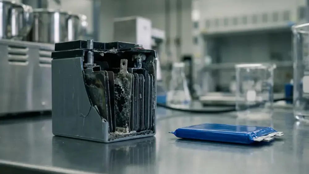Cracked flooded lead-acid battery cell next to a lithium-ion pouch cell on a laboratory bench, with visible electrode layers and electrolyte residue.