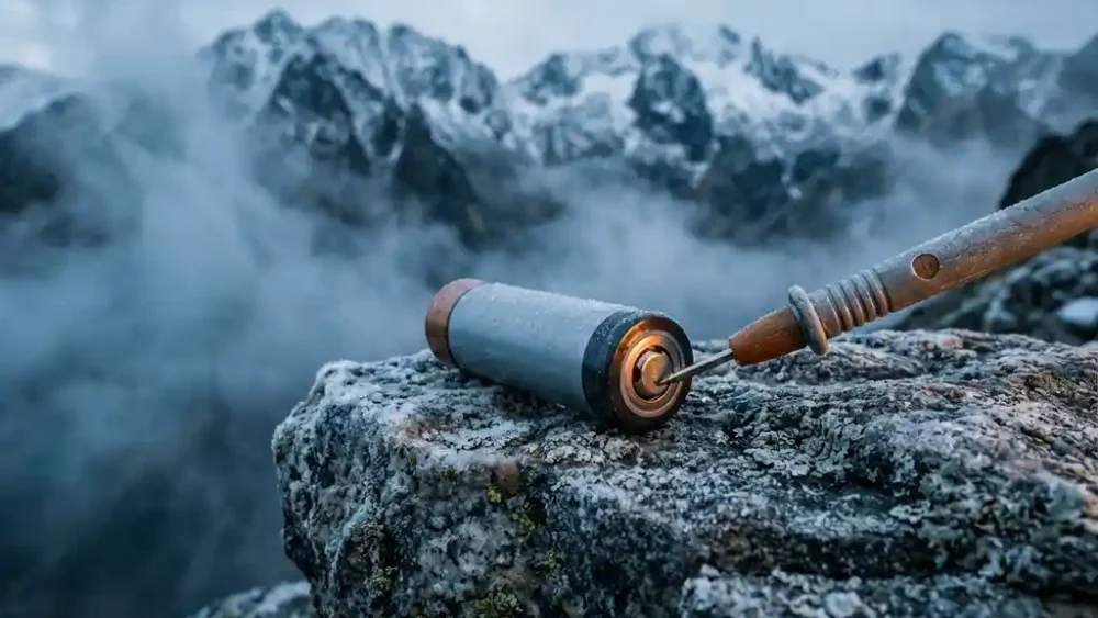 Lithium-ion battery cell on frost-covered mountain rock with voltmeter probe at terminal, snow-capped peaks and mist in background.