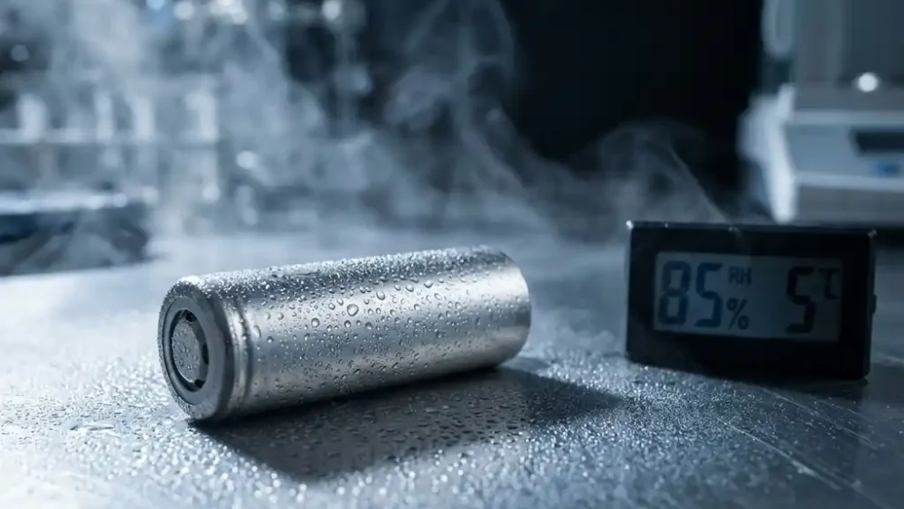 Lithium-ion battery cell with water condensation droplets on its casing beside a precision hygrometer in a clinical steel laboratory setting.