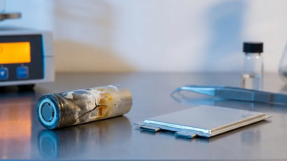 Cracked lithium battery cell with chemical residue beside an intact solid-state pouch cell on a laboratory bench with precision tools nearby.