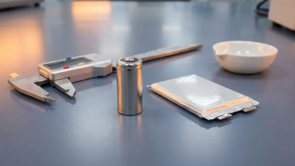 Cylindrical non-rechargeable lithium cell beside a slim rechargeable pouch cell on a lab bench with precision calipers and ceramic electrode dish.