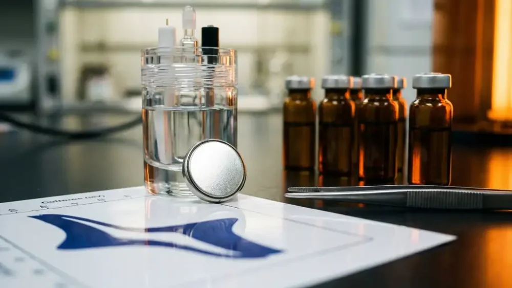 Lithium coin cell beside a glass electrochemical test cell on a lab bench, with a cyclic voltammogram, electrolyte vials, and tweezers nearby.