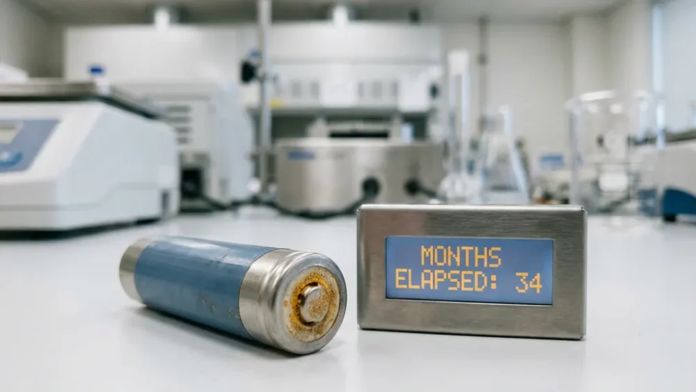 Corroded lithium-ion battery cell on a white lab bench beside a digital calendar, showing signs of age and electrode degradation.