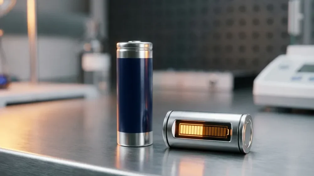 Cylindrical lithium-ion battery cell beside a mid-range charge indicator gauge on a polished stainless steel lab bench.