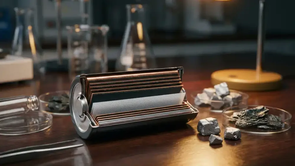 Cross-sectioned lithium-ion battery cell revealing cathode foil, separator membrane, and anode layers, with graphite and lithium mineral samples on a laboratory bench.