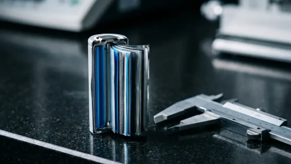 Lithium-ion battery cell cross-section showing layered electrode structure beside precision calipers on a black lab bench.