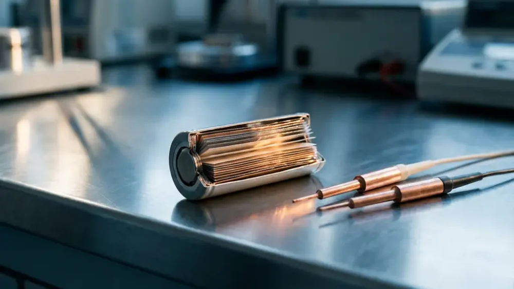 Cross-sectioned lithium-ion battery cell revealing wound electrode layers, beside copper measurement probes on a steel laboratory bench.