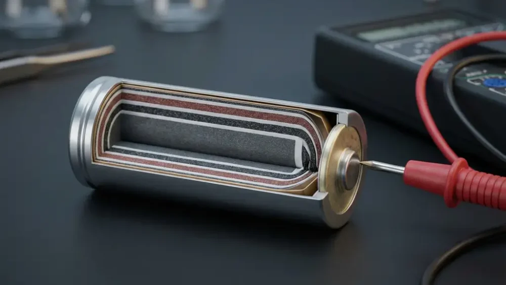 Cross-section of a lithium-ion battery cell revealing anode, separator, and cathode layers, with a multimeter probe touching the terminal.