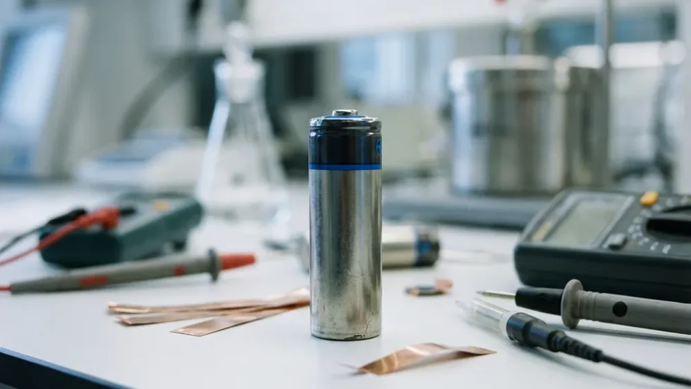 Partially depleted lithium-ion battery cell on a lab bench surrounded by electrochemical test equipment and copper electrode foil strips.