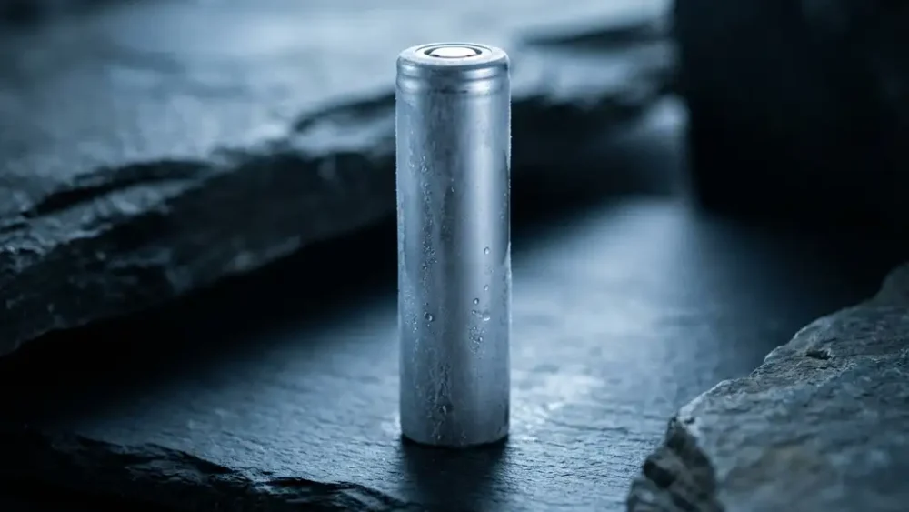 Frost-covered lithium-ion cylindrical battery cell standing upright on dark slate, cool blue tones with shallow depth of field.