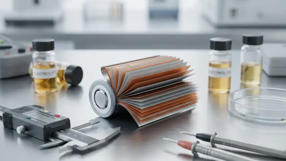 Lithium-ion battery cell cut open on a lab bench, exposing layered copper and silver electrode sheets beside electrolyte vials and precision instruments.