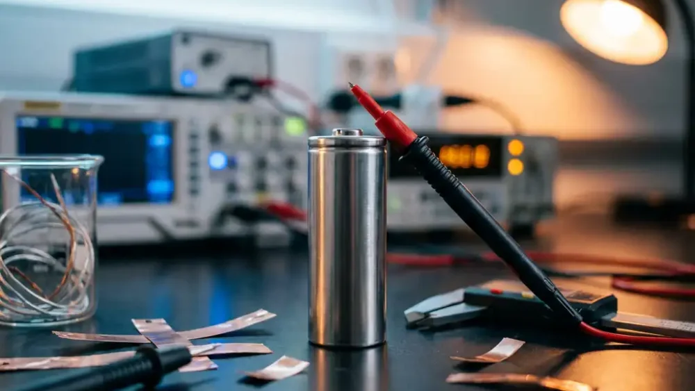 Lithium-ion battery cell on a lab bench with copper electrode foils and a digital multimeter probe at its terminal.