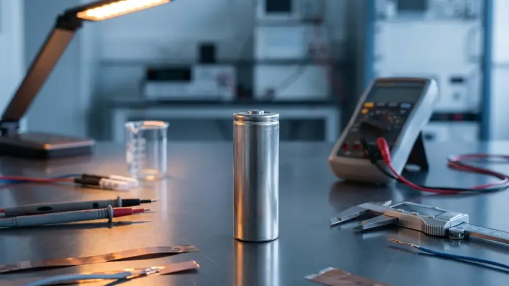 Cylindrical lithium-ion battery cell upright on a polished lab bench, surrounded by copper electrode foils and precision measurement instruments.