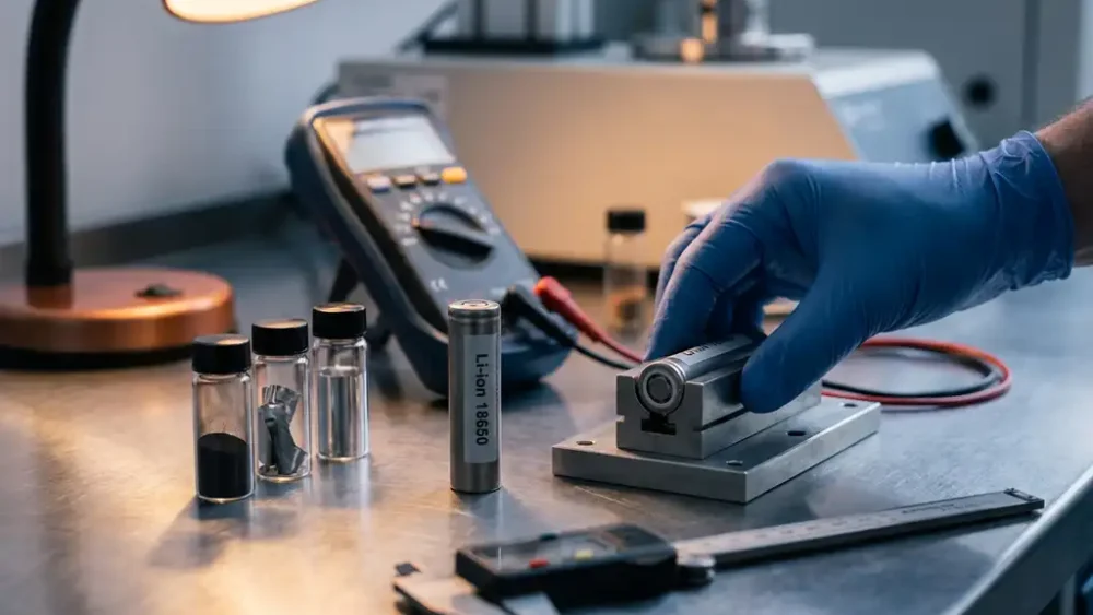 Cylindrical lithium-ion battery cell on a lab bench beside electrode material vials, with a gloved researcher adjusting a test fixture.