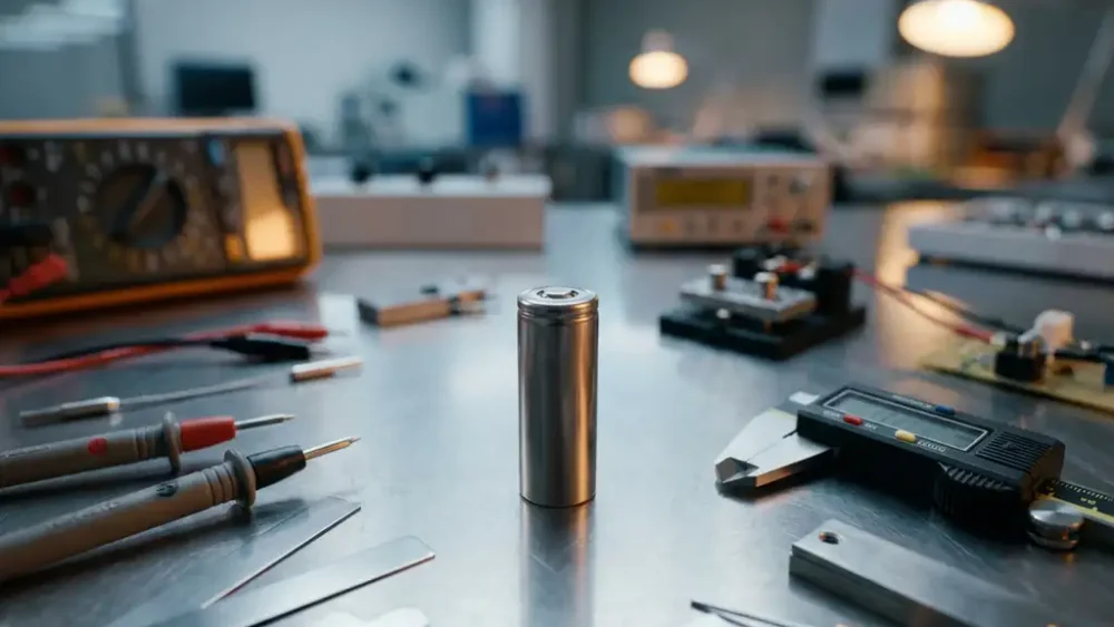 Cylindrical lithium-ion battery cell upright on a lab bench surrounded by precision measurement instruments and stainless steel test components.