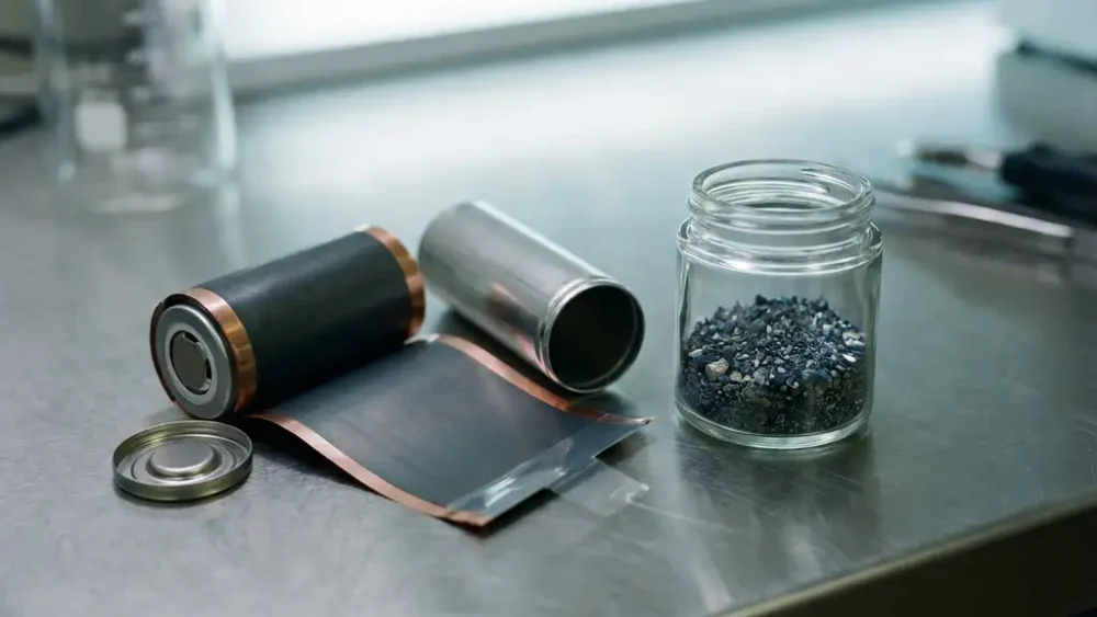 Disassembled lithium-ion battery cell on stainless steel lab surface with unwound electrodes and recovered materials in a recycling container.