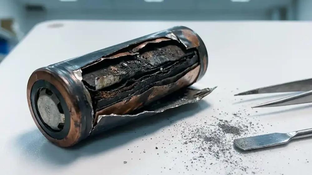 Cracked lithium-ion battery cell split open on a lab bench, exposing corroded electrode layers with oxidized copper tones and metallic dust.