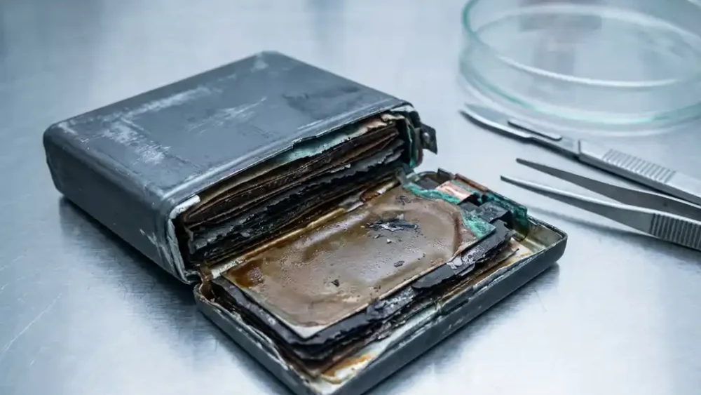 Degraded lithium-ion battery cell split open on a lab bench, exposing corroded electrodes and electrolyte residue on darkened casing.