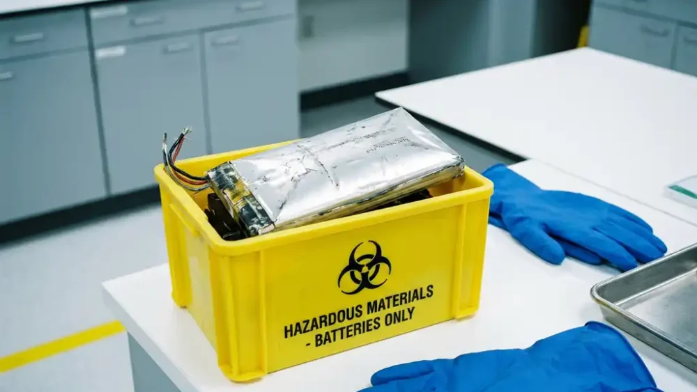 Worn lithium-ion battery pack inside an open yellow hazardous-materials collection bin on a white lab surface with safety gloves nearby.