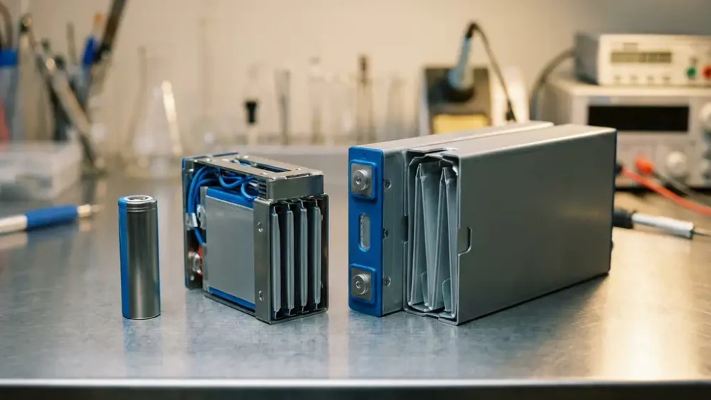 Disassembled lithium-ion battery pack on a lab bench showing a cylindrical cell, rectangular module, and prismatic pack arranged smallest to largest.