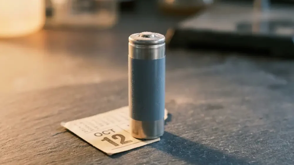 Dusty cylindrical lithium-ion battery standing upright on slate surface with faint calendar beneath, warm amber side lighting.