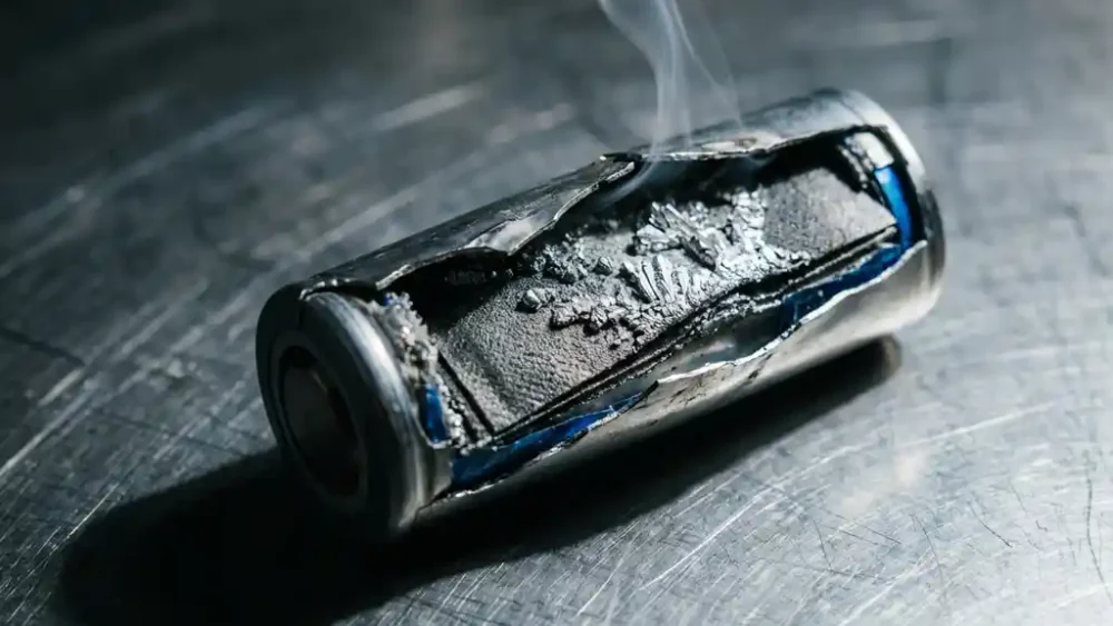 Cracked swollen lithium-ion battery cell on steel lab bench exposing crystallized lithium deposits on electrodes with smoke rising above fractured surface.