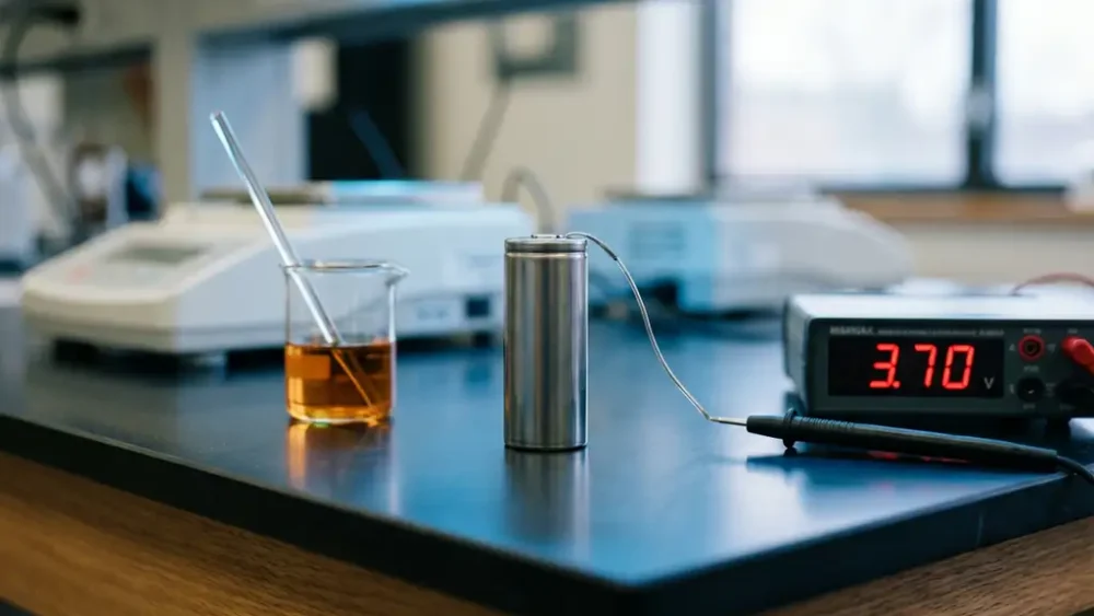Cylindrical lithium-ion cell on a lab bench beside a digital multimeter and glass beaker of electrolyte solution.