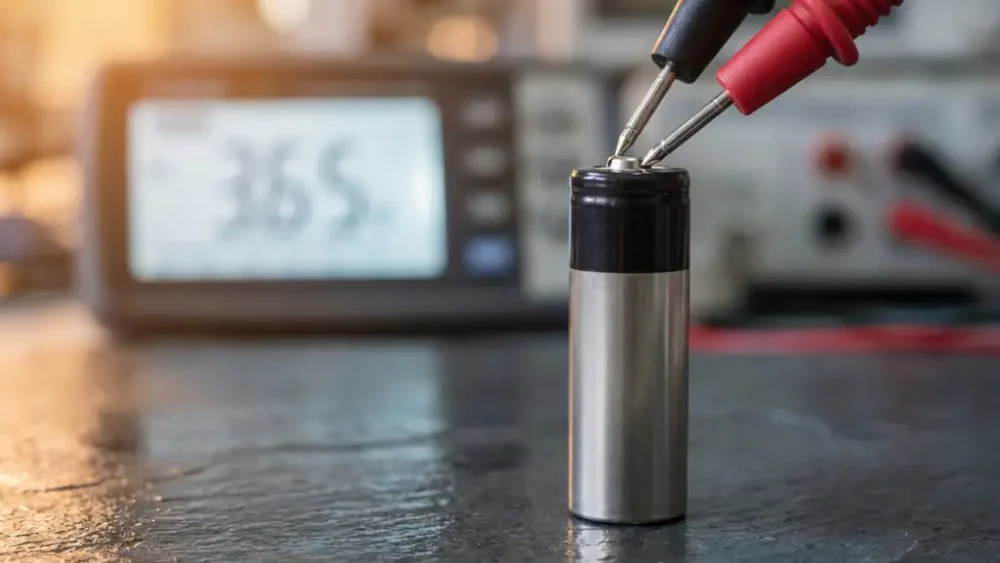 Lithium-ion cylindrical cell on a dark slate bench with multimeter probes testing its terminals under warm amber laboratory lighting.