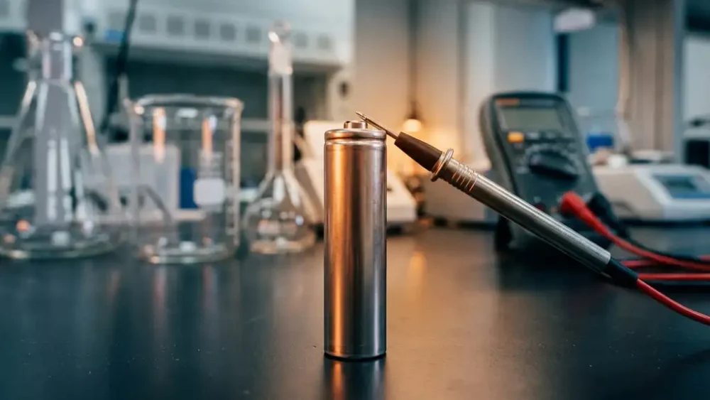 Cylindrical lithium-ion cell on a lab bench with a precision voltage probe at its terminal, blurred beakers in the background.