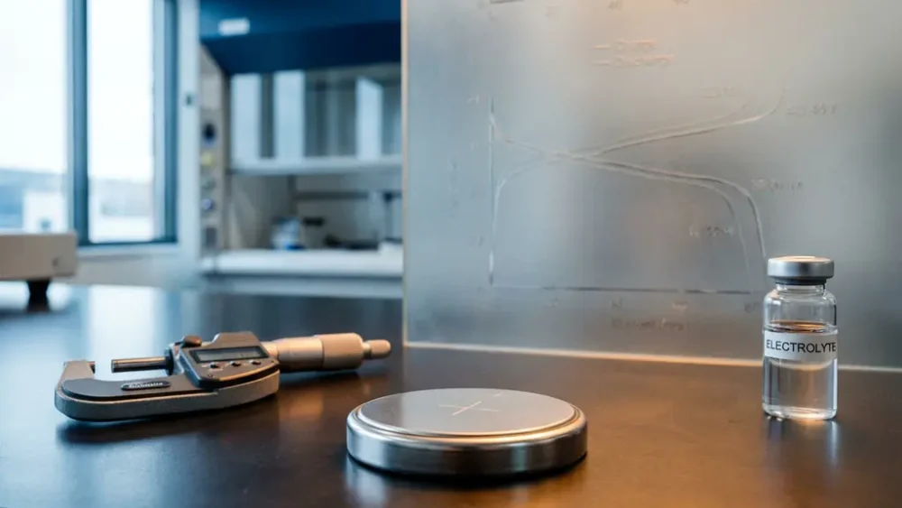 Lithium-ion coin cell battery beside a precision micrometer and glass electrolyte vial on a laboratory bench, with faint charge-discharge data on frosted glass.