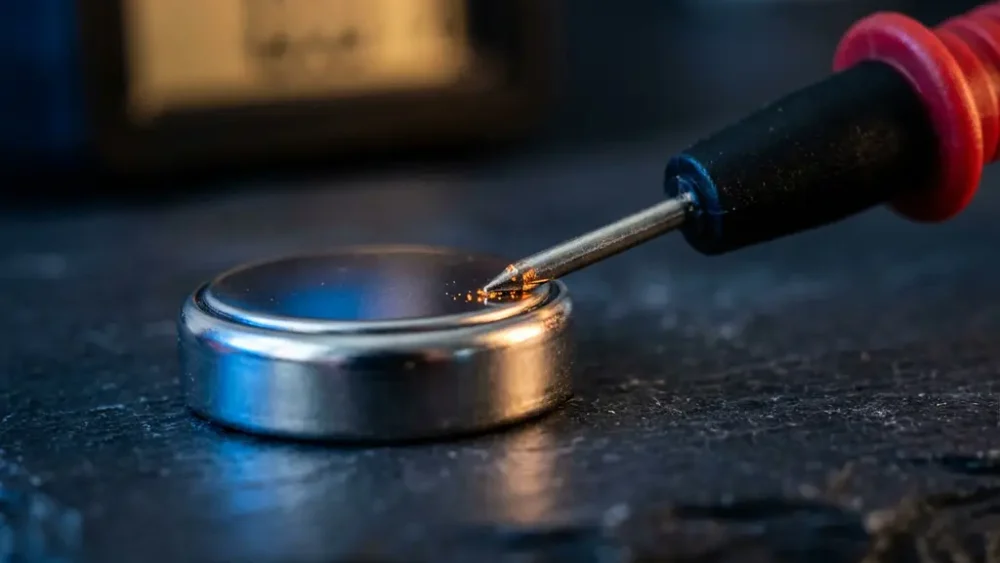 Lithium-ion coin cell on dark slate surface with voltmeter probe measuring electrode voltage in macro close-up.