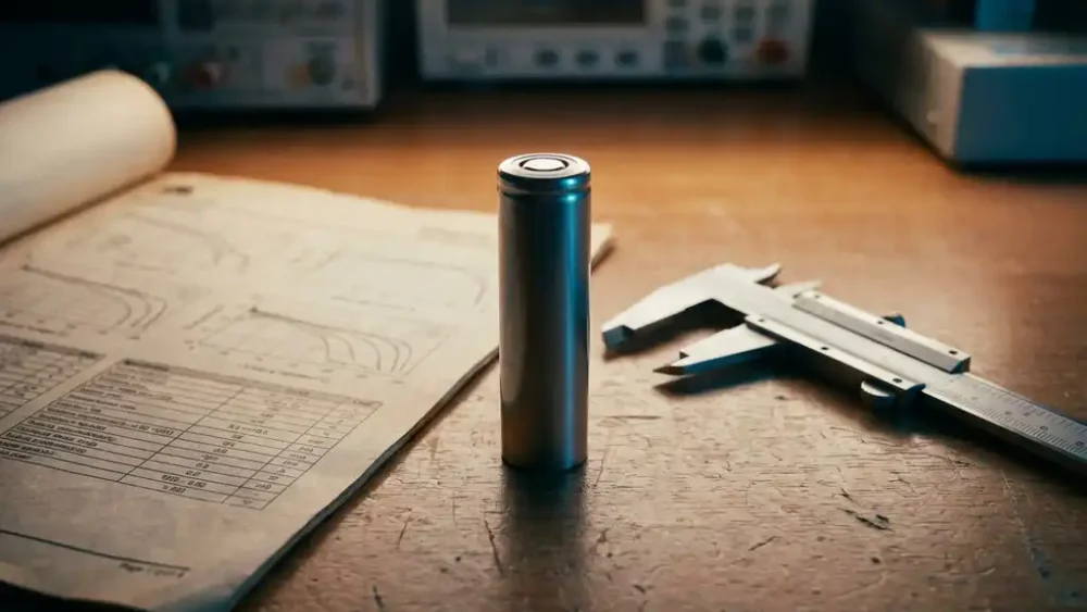 Cylindrical lithium-ion battery cell on a lab bench beside a technical datasheet and precision caliper under soft diffused lighting.