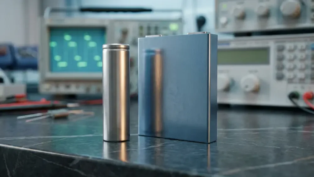 Cylindrical and prismatic lithium-ion battery cells side by side on dark slate, with lab test equipment softly blurred in background.