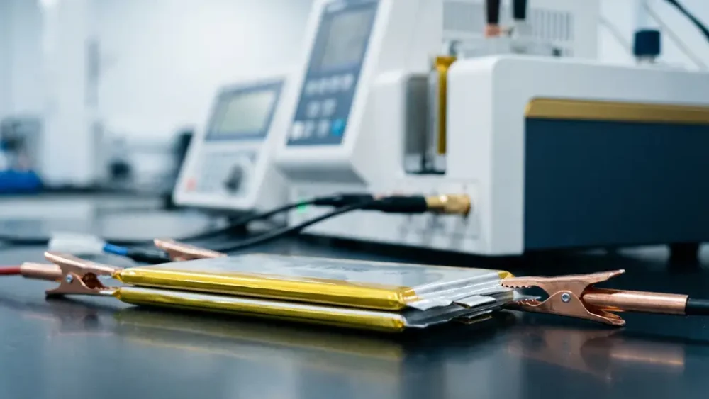 Lithium-ion pouch cell connected to copper test probes on a lab bench, electrochemical testing instrument softly blurred in background.