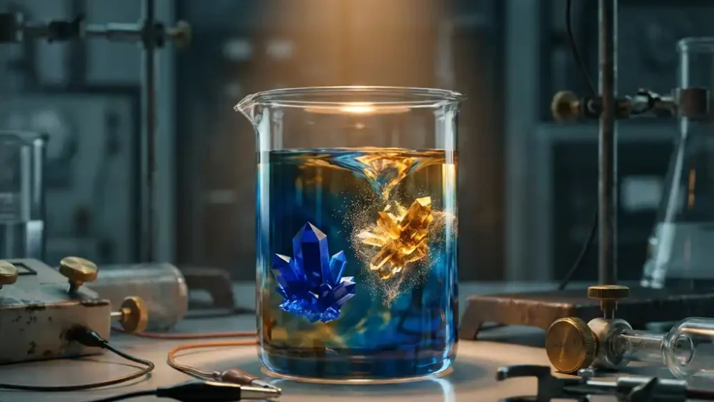 Glass beaker of glowing electrolyte solution with one intact and one dissolving crystal mineral formation submerged inside, surrounded by electrode components.