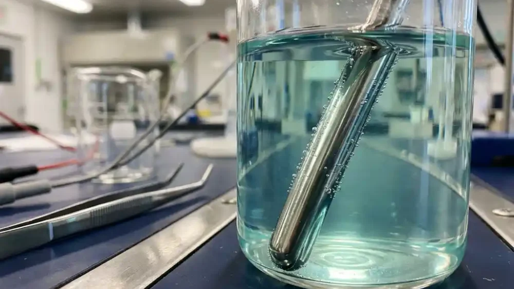 Platinum electrode submerged in aqua electrolyte solution inside a glass electrochemical cell, with tiny bubbles indicating active charge transfer.