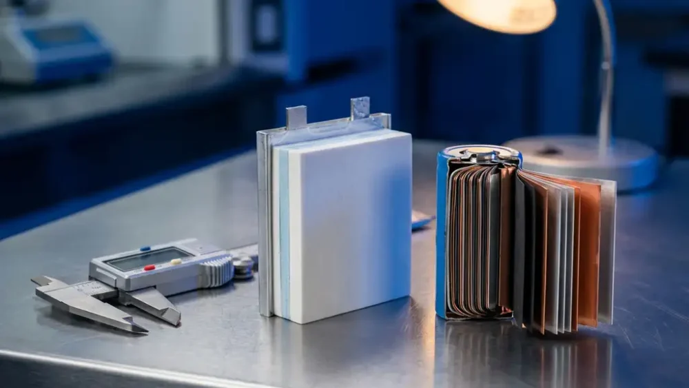 Solid-state battery cell split open revealing ceramic electrolyte layers beside a cylindrical lithium-ion cell, with precision calipers on a lab bench.
