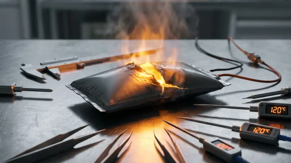 Swollen lithium-ion pouch cell rupturing on a steel lab surface, emitting heat, surrounded by thermal probes and measurement tools.