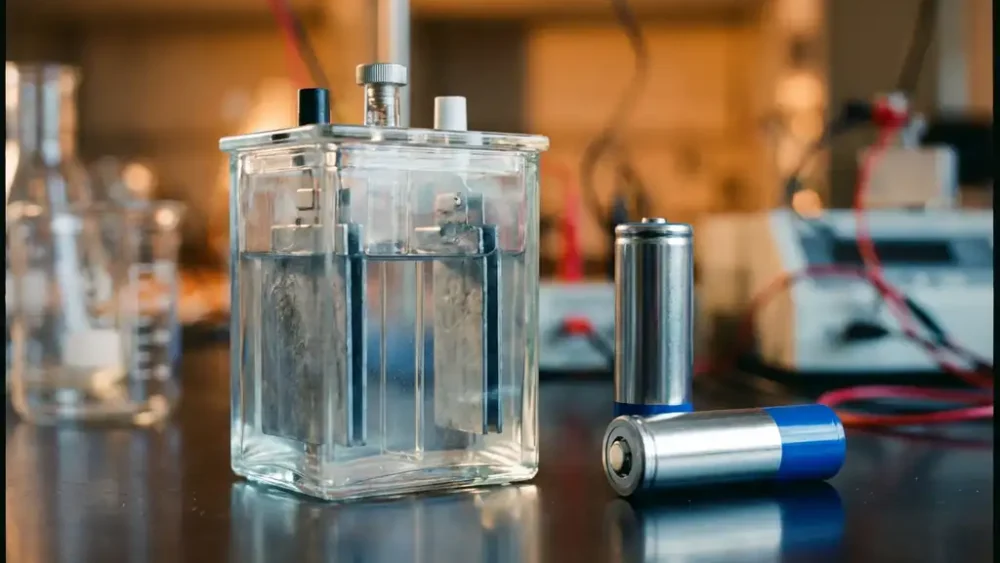 Wet cell battery submerged in clear electrolyte beside a cylindrical lithium-ion cell on a laboratory bench with blurred glassware in the background.